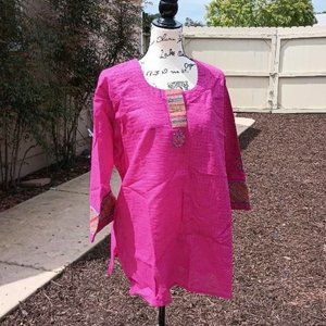 Ribbed Squared Fabric Cotton Indian India Kurti Tunic Kurta 2X Plus Sequin